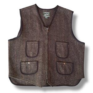 Woolrich Mens Wool Vest Sz XL Brown Herringbone Full Zip Pockets Utlity Workwear